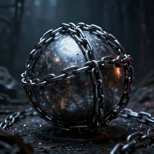 Photograph of a reflective, metallic ball encased in twisted chains, glowing with light, set against a dark, blurred forest background.