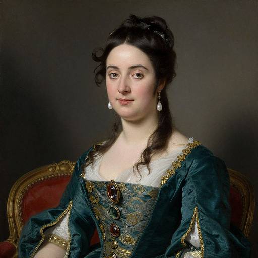 Portrait of a pale-skinned, dark-haired woman in 18th-century blue velvet gown with gold embroidery, white lace, and pearl earrings, seated