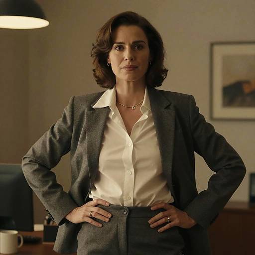 Photograph of a confident woman in a gray suit, white silk blouse, and necklace, standing with hands on hips in an office. Background features a