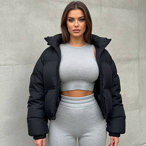 Photograph of a curvy woman with medium skin tone, brown hair, wearing a black puffer jacket over a grey crop top and high-wa
