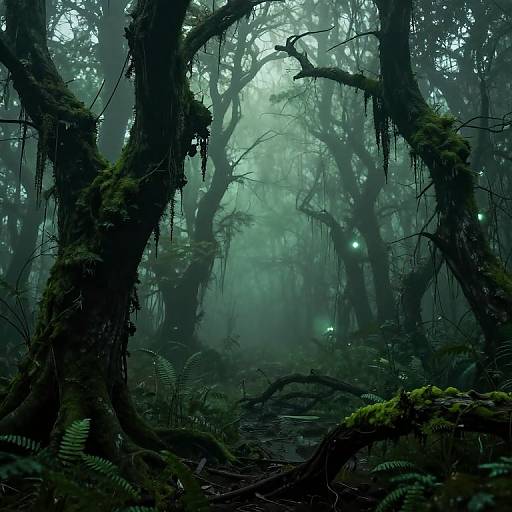 Misty, eerie forest scene with dark, twisted trees covered in moss, surrounded by dense fog and glowing green bioluminescent orbs. Photograph.