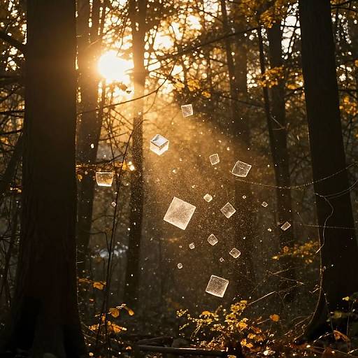 Photograph of a sunlit forest with glowing, floating square lights amidst tall trees and golden leaves, creating a magical, ethereal atmosphere.