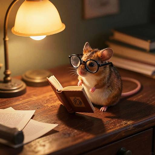 Cozy Mouse Reading on Wooden Desk