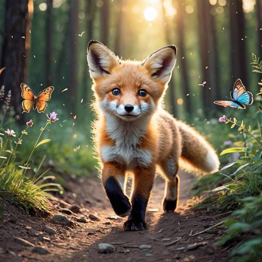 Playful Fox Cub on Forest Trail with Butterflies Playful Fox Cub on Forest Trail with Butterflies