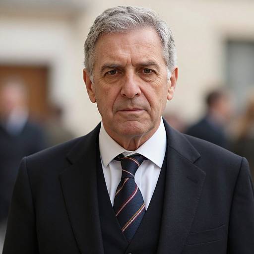 Photograph of an elderly man with gray hair, wearing a black suit, white shirt, and striped tie, standing in a blurred, formal indoor setting