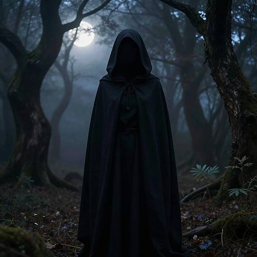 Mysterious Hooded Figure in Foggy Forest