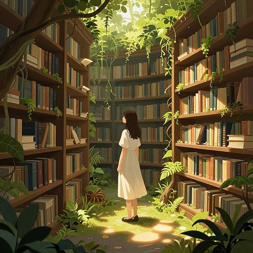 Digital artwork of a girl in a white dress standing in a sunlit, lush, book-filled library, surrounded by vines and plants.