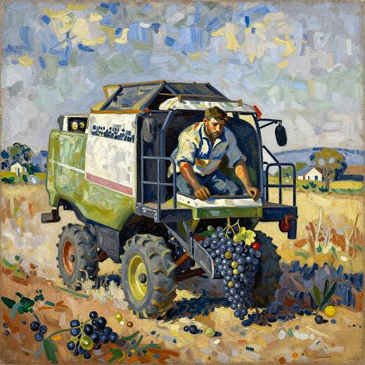 Impressionist-style painting of a man in a green grape harvester truck, unloading grapes in a sunlit vineyard field.