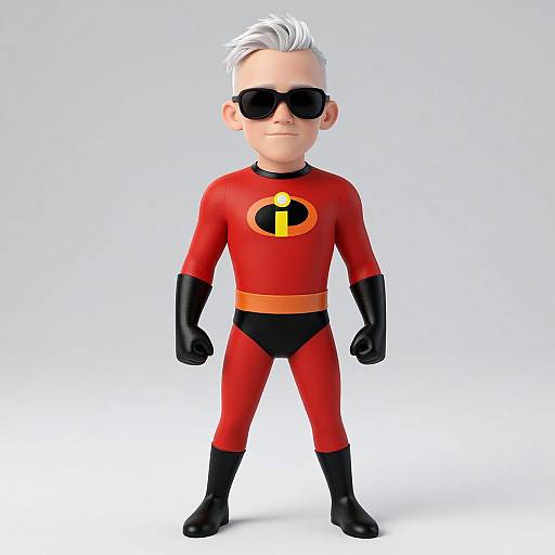 CGI cartoon of a young boy with white hair, wearing a red superhero suit with black gloves, boots, and emblem, and black sunglasses, standing