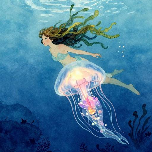 Digital illustration of a brown-haired mermaid with green hair tentacles, wearing a turquoise top, floating underwater surrounded by glowing jellyfish and coral.