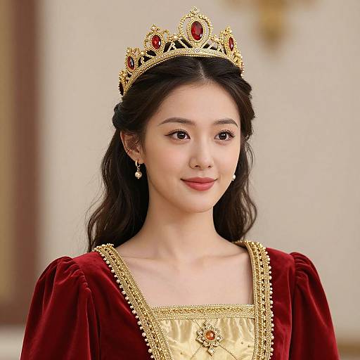 Photograph of an Asian woman with long black hair, wearing a gold crown with red gems, a red velvet dress with gold trim, and pearl earrings