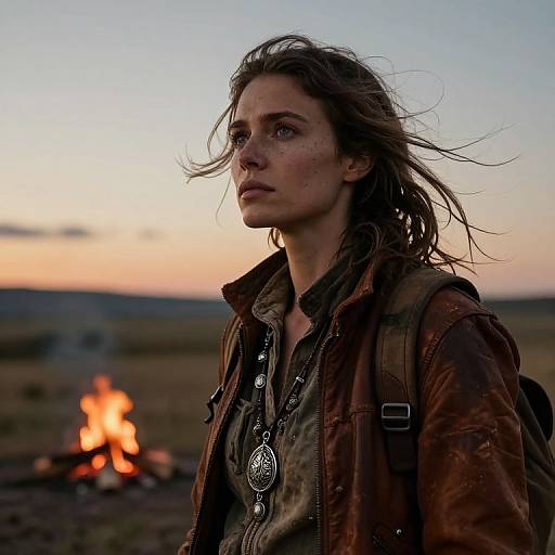 Photograph of a wind-swept, serious-looking woman with long brown hair, wearing a brown leather jacket and pendant, standing before a campfire