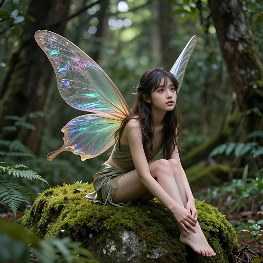 Photograph of a young Asian woman with long black hair and iridescent fairy wings, sitting on a moss-covered rock in a dense, green forest