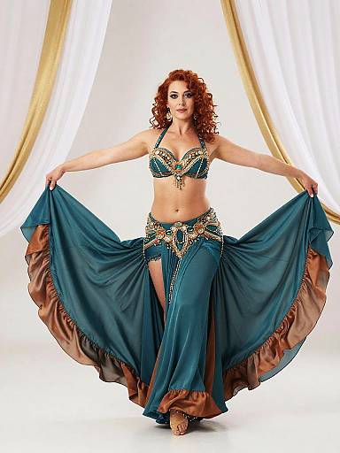 Curvy Belly Dancer in Teal and Bronze Costume