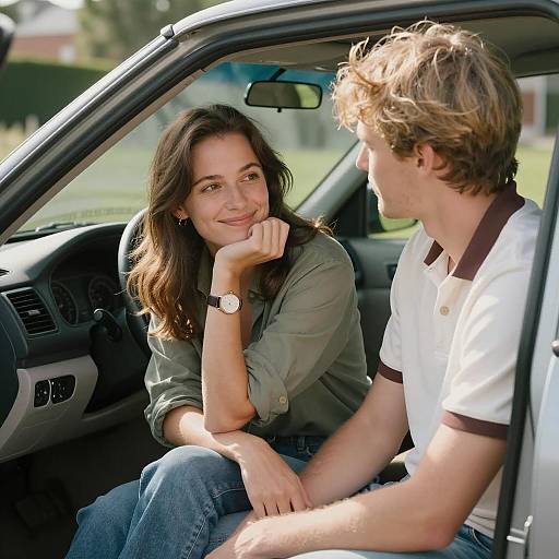 Young Couple Sitting by Car Door