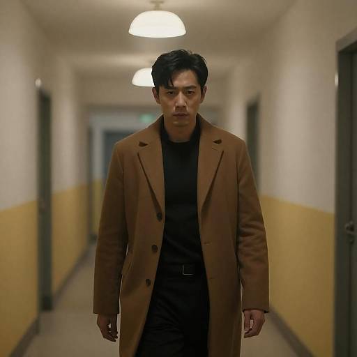 Intense Asian Man in Narrow Hallway