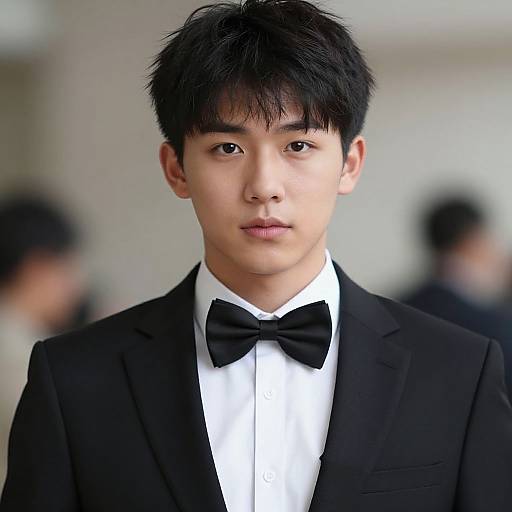 Photograph of an Asian man with straight black hair, wearing a black tuxedo and bow tie, standing indoors against a blurred background.