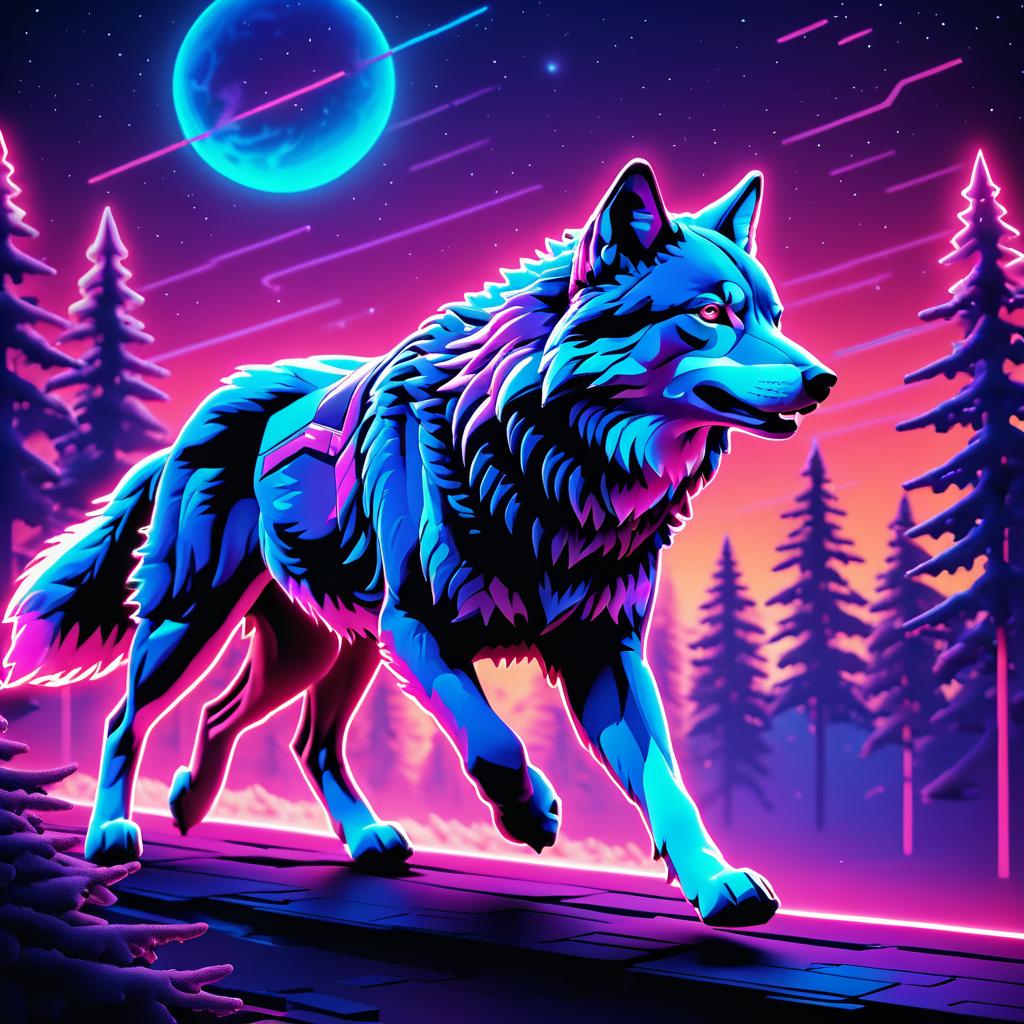 Majestic Synthwave Wolf in Neon Forest