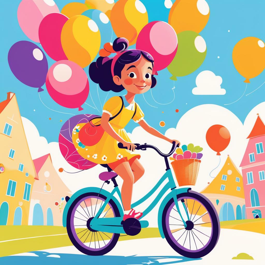 Whimsical Girl on Bicycle with Balloons