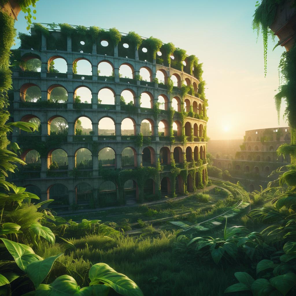 Overgrown Colosseum in a Cyberpunk Dawn