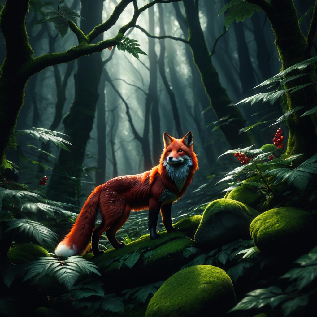 Crimson Fox in Enchanted Thicket Scene