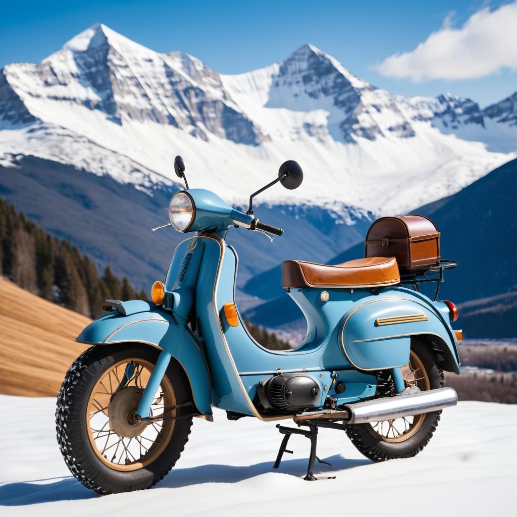 Classic Moped Against Snowy Mountain Vista