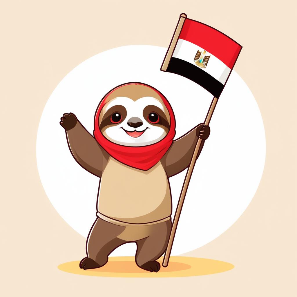 Adorable Sloth Cheerfully Holding Egyptian Flag