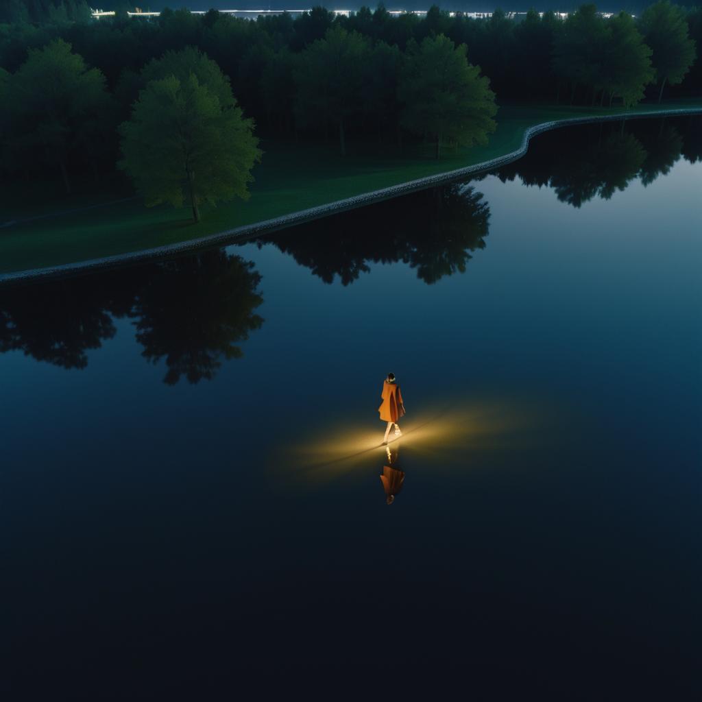 Aerial Nighttime Lakeside Woman Scene