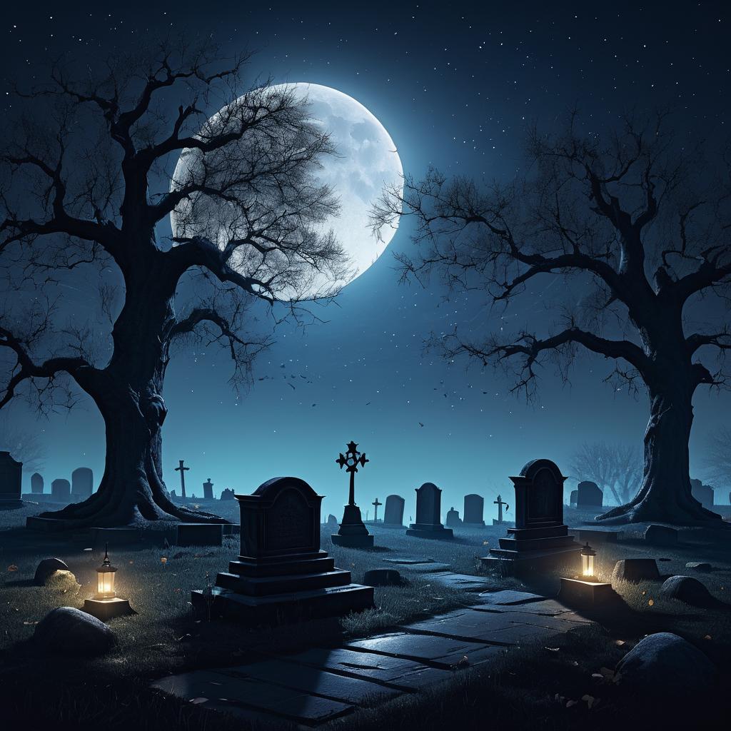 Moonlit Graveyard Scene with Oak Tree