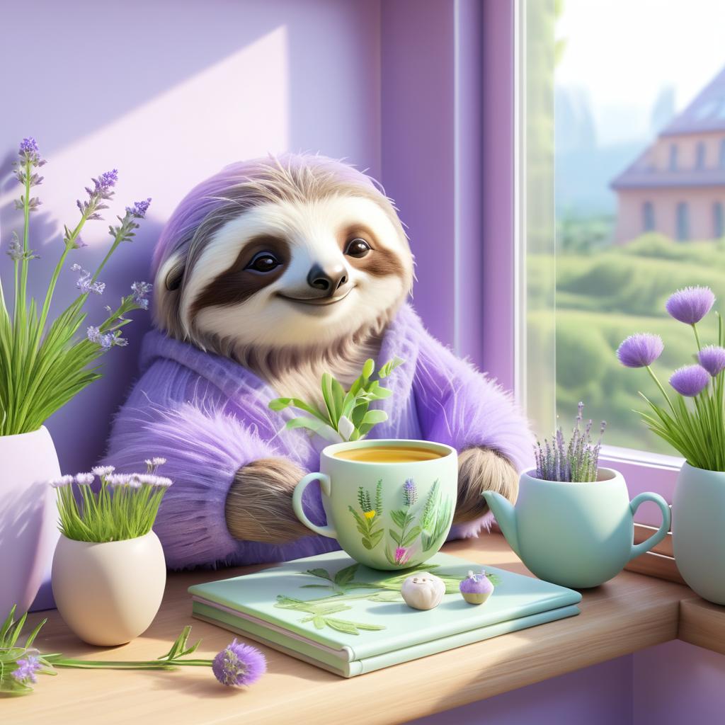 Whimsical Lavender Sloth in Cozy Setting