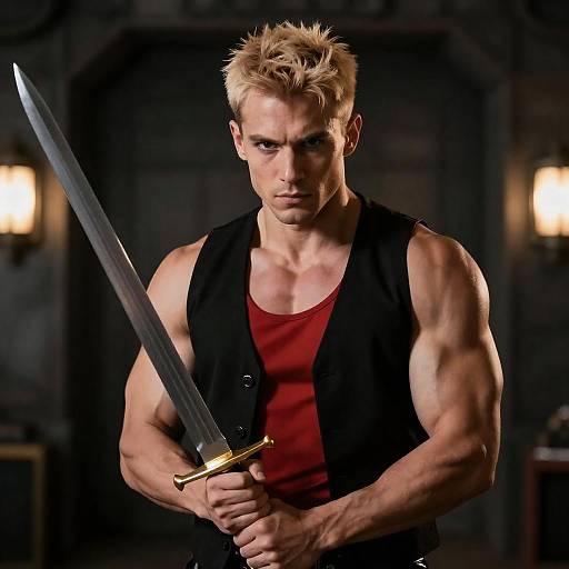 Muscular Blonde Warrior in Industrial Glow