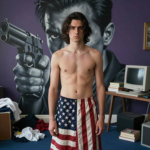 Shirtless Man in American Flag Skirt with Gun Mural Background