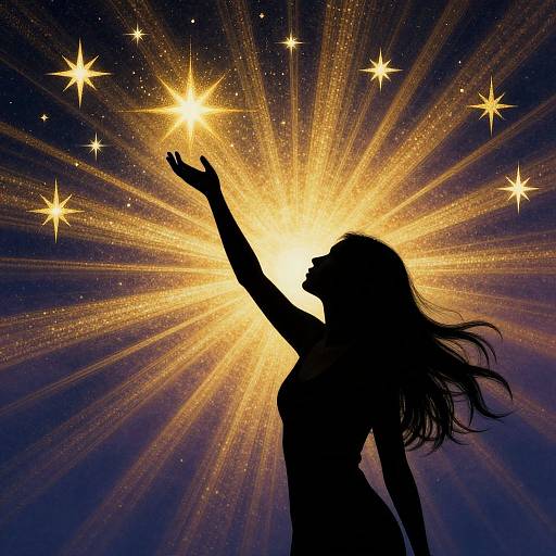 Silhouette of a woman with long hair reaching up, surrounded by radiant golden stars and rays against a dark blue background. Digital art.