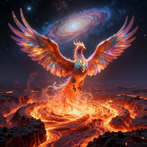 Digital art of a radiant, fiery phoenix with multicolored wings, standing on a glowing, molten rock, with a swirling galaxy in the star