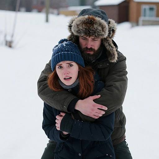 Man Hugging Distressed Woman in Snow