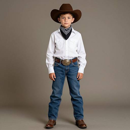 Photograph of a young boy standing, wearing a white shirt, blue jeans, brown cowboy hat, black bandana, and brown belt with large silver