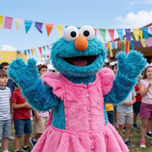 Photograph of blue, fuzzy Elmo-like Sesame Street character in pink dress, orange nose, raised arms, colorful flags background, children standing.