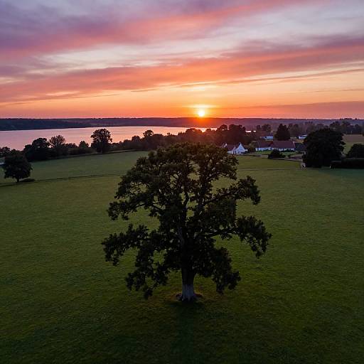 Photograph of a vibrant sunset over a green field with a silhouetted tree in the foreground, houses and trees in the background, and a