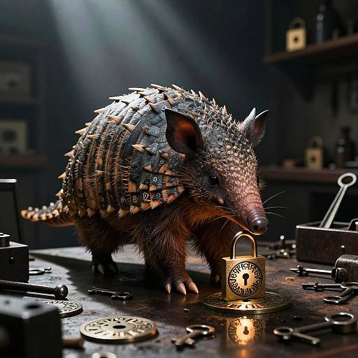 Photorealistic CGI of a spiked, mechanical porcupine standing on a dark workbench, illuminating a locked, glowing key with light beams.