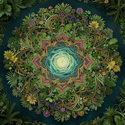 Digital art: Vibrant, symmetrical mandala with swirling blue center, surrounded by intricate green foliage, colorful flowers, and star-shaped patterns on a
