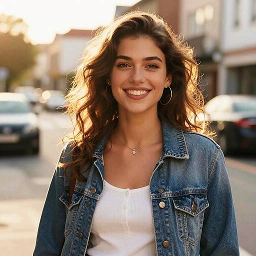 Photograph of a smiling woman with wavy brown hair, wearing a denim jacket over a white top, standing on a sunlit street.