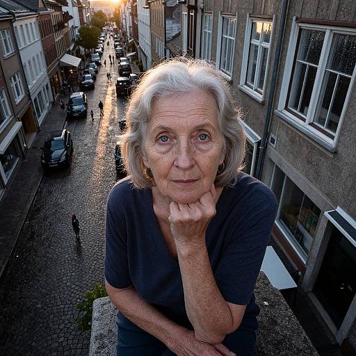 Photograph of an elderly woman with white hair, blue eyes, and wrinkled skin, resting her chin on her hand, standing on a cobble