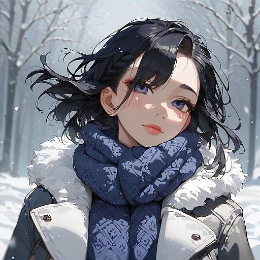 Winter Woman with Scarf in Snowy Forest