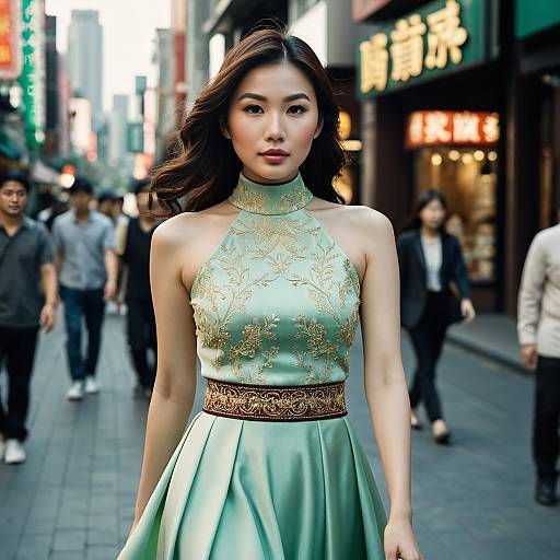 Elegant Asian Woman in Pastel Green Dress on Urban Street