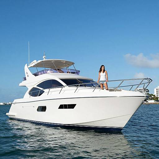 Photograph of a white luxury yacht with a woman in a white bikini standing on the deck, clear blue sky, and calm ocean.