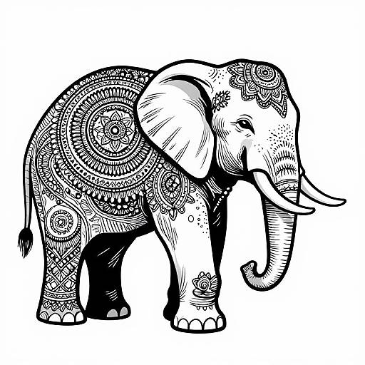 Black and white intricately patterned drawing of an elephant, featuring detailed mandala-like designs covering its body, standing on a white background.