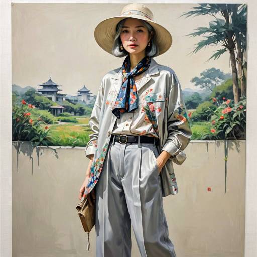 Young Woman in Floral Blouse and Sunhat