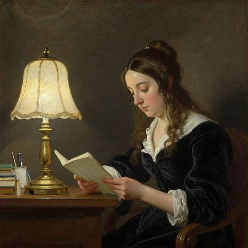 Baroque-style painting of a young woman with long brown hair, wearing a dark velvet dress with white lace trim, reading by a warm, glowing lamp