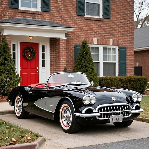 Photograph of a shiny black convertible classic car parked in front of a red-brick house with a red door and green shutters.