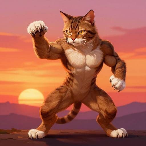 Muscular Cat Battle Stance at Sunset
